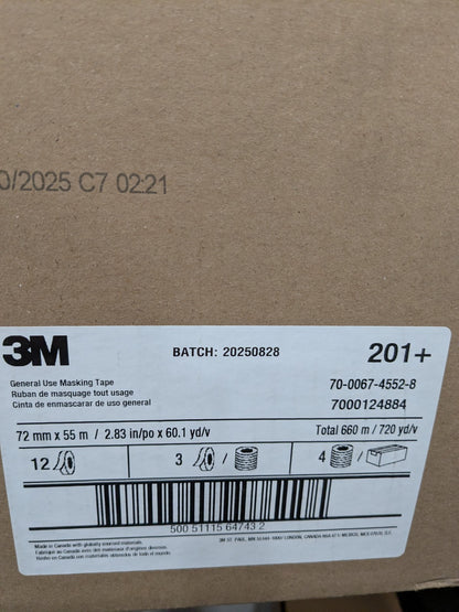 (12) 3M Masking Tape: 72.00 mm Wide, 180' Long, 4.4 mil Thick, Tan 7000124884