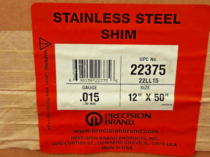 Precision Brand Stainless Steel Shim .015 Thick 12" x 50" 22375