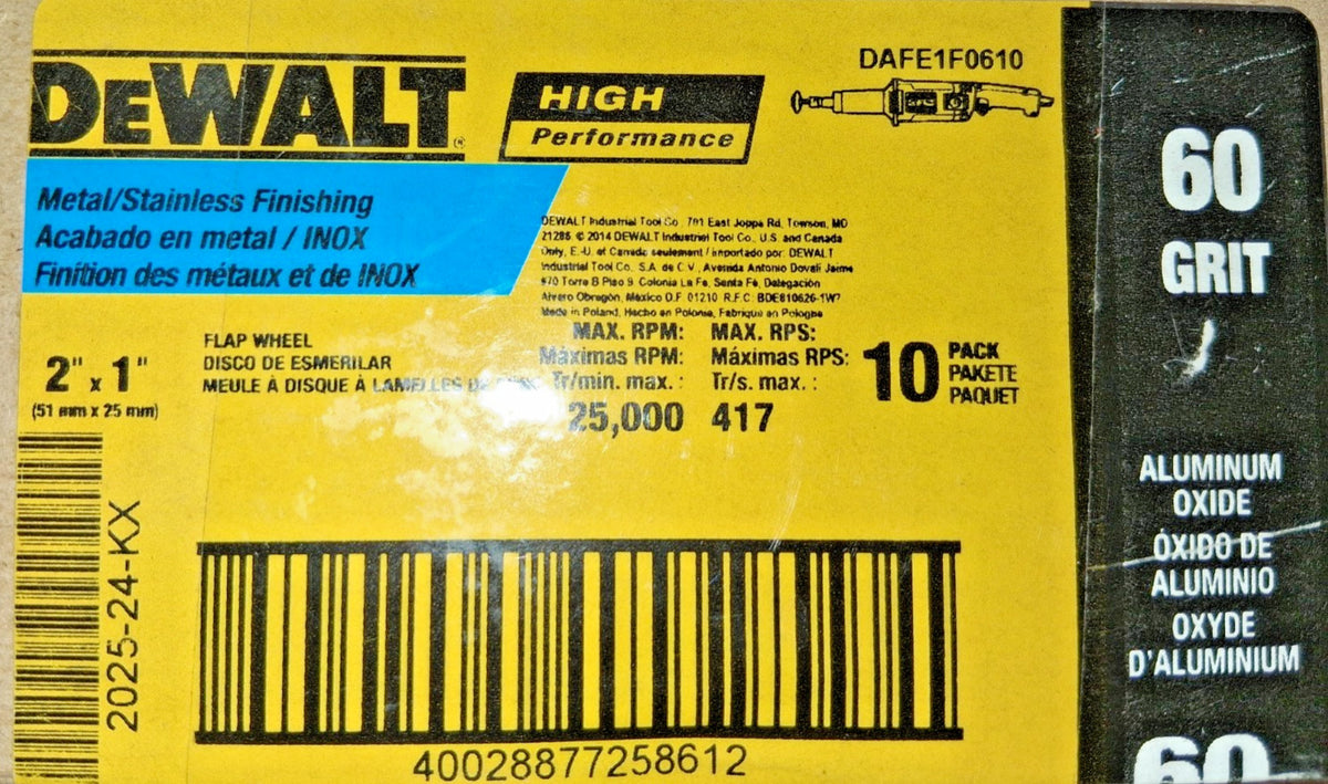 DeWALT Mounted Flap Wheel 2" Dia 1" Face Width 60 Grit DAFE1F0610