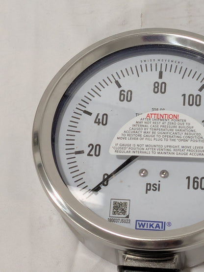 WIKA Pressure Gauge 4" Dial, 0 to 160 psi, 1/2" Thread, NPT Lower Mount 9768556