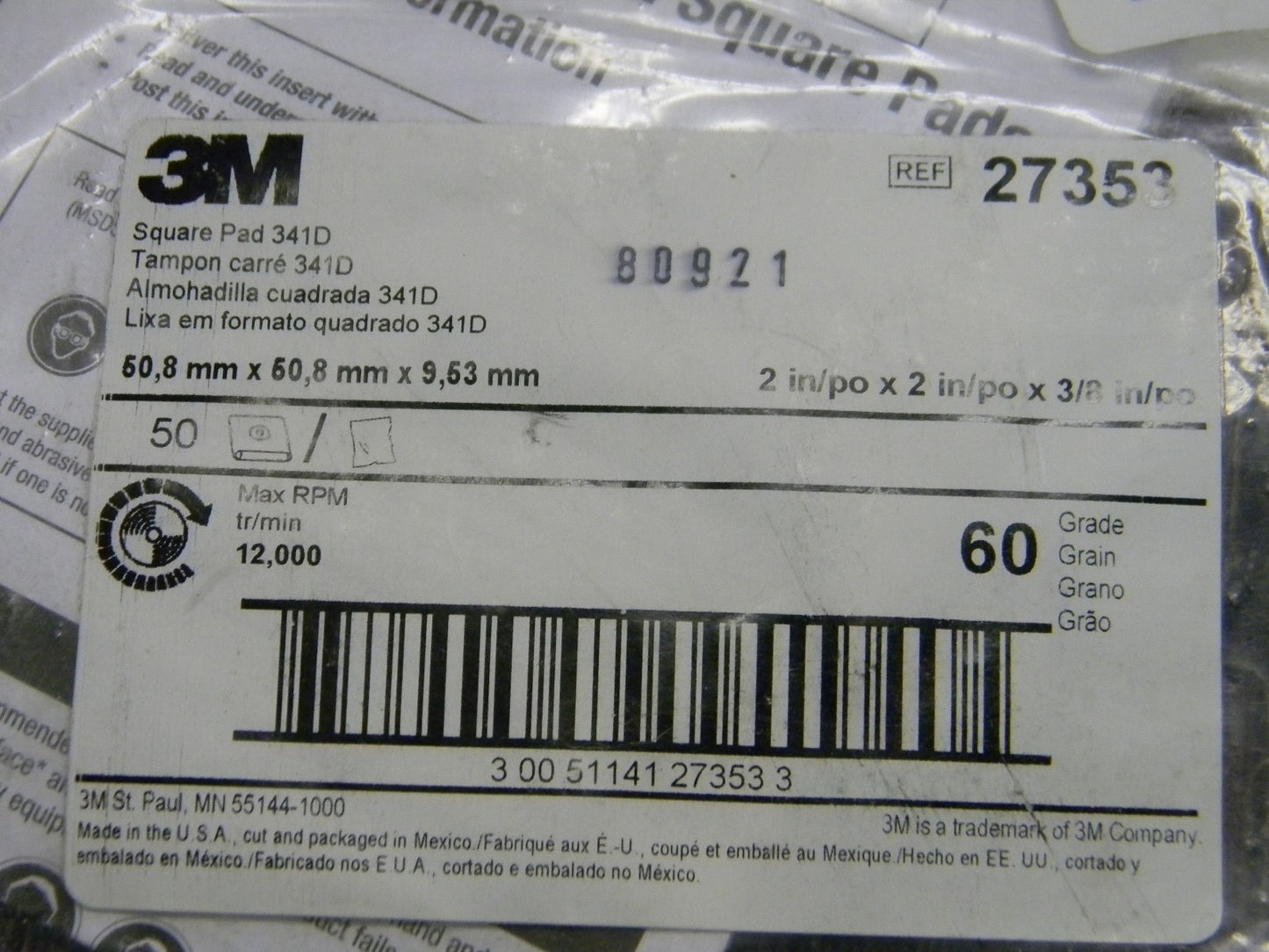 3M  Aluminum Oxide Square Pad Medium Grade 60 Grit QTY 36 00051141273532