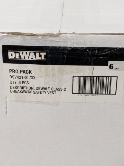 DeWalt ANSI Class 2 Adjustable Breakaway Vest Box of 6 DSV421-XL/3X