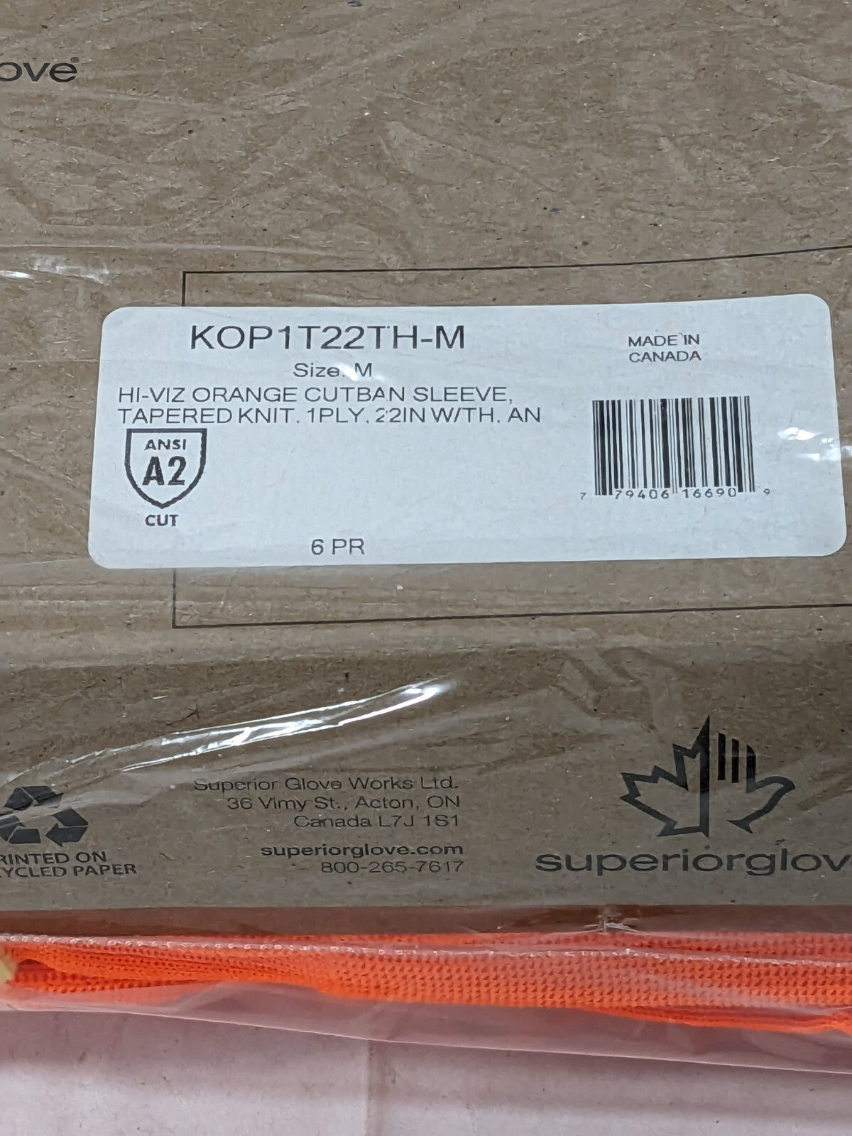 Superior Glove Cut-Resistant Sleeve, Sz M, Hi-Vis Orange, 6 Pairs KOP1T22TH-M