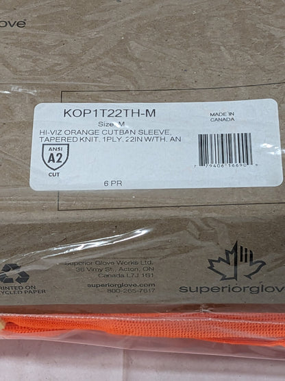 Superior Glove Cut-Resistant Sleeve, Sz M, Hi-Vis Orange, 6 Pairs KOP1T22TH-M