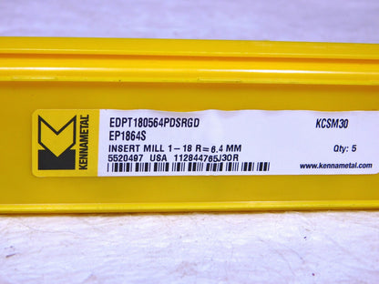 Kennametal  Carbide Milling Inserts EDPT180564PDSRGD Grade-KCSM30 Qty 6 5520497