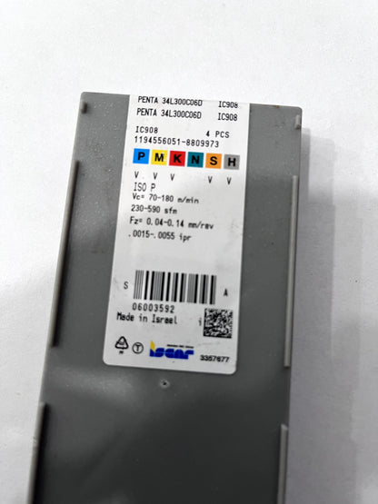 ISCAR Grooving Insert: PENTA34L300C06C IC908, Solid Carbide QTY 4