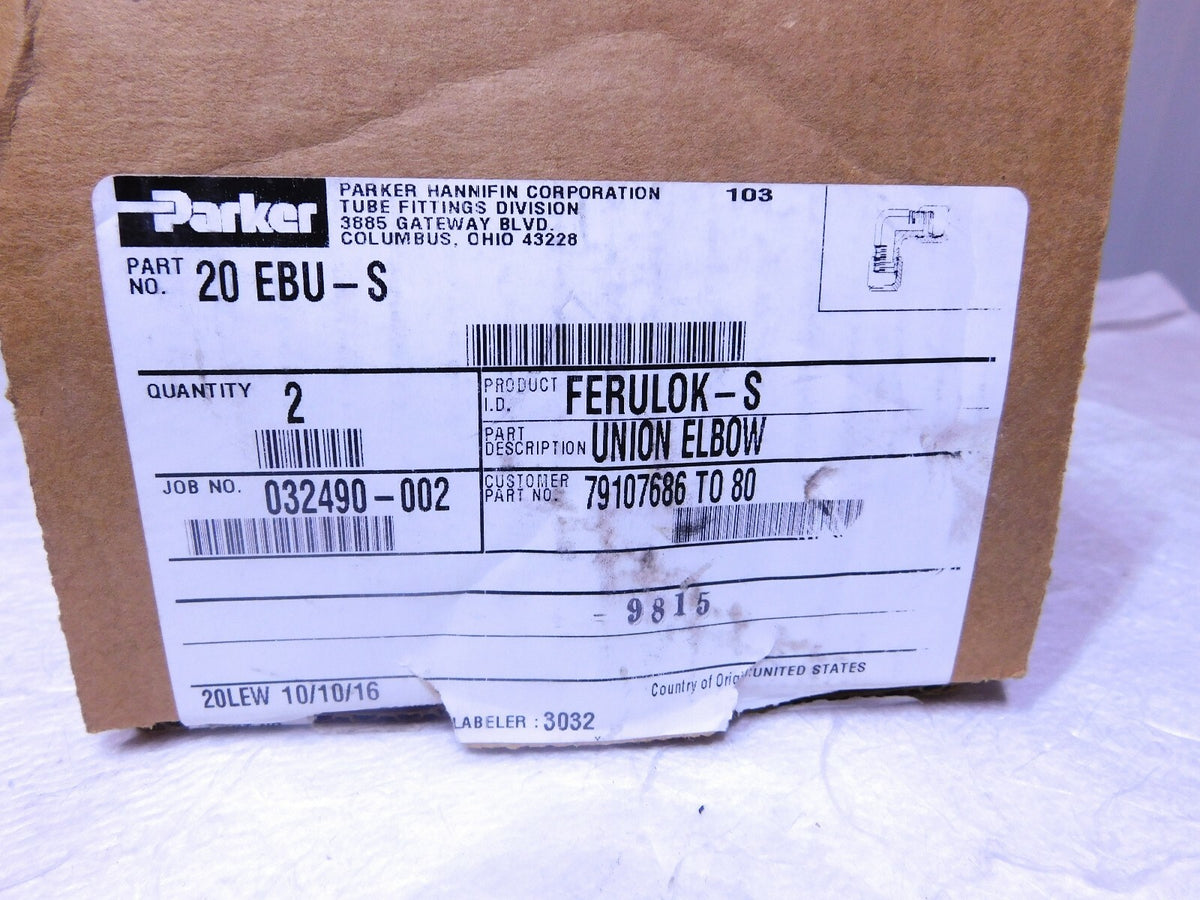Parker Steel 90º Union Elbow 1.25 OD Flareless Bite Type Fitting Qty-2 20 EBU-S