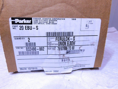Parker Steel 90º Union Elbow 1.25 OD Flareless Bite Type Fitting Qty-2 20 EBU-S