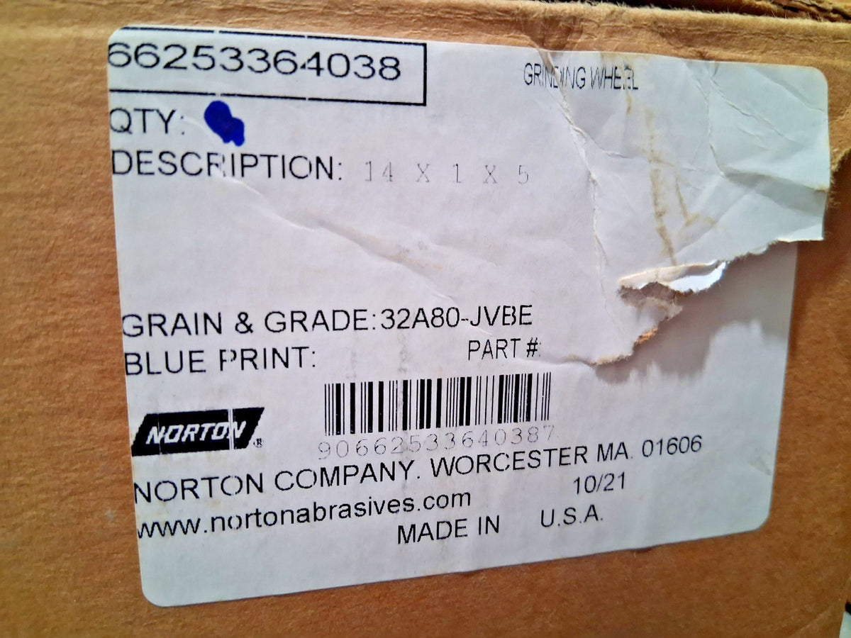 Norton Surface Grinding Wheel 14" Dia 1" Thick 5" Arbor 80 Grit 66253364038