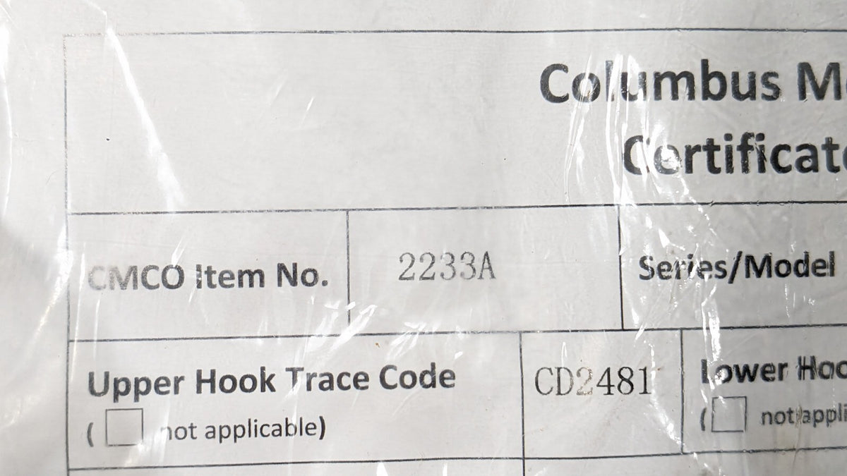 CM Series 622 Hand Chain Hoist 2 Ton Capacity X 20 Ft Lift 2233A