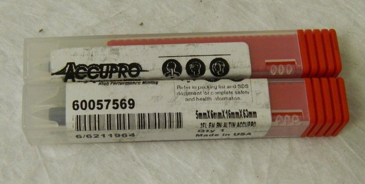 Accupro Solid Carbide Ball End Mill 5mm x 16mm x 63mm 2FL  QTY 4  60057569