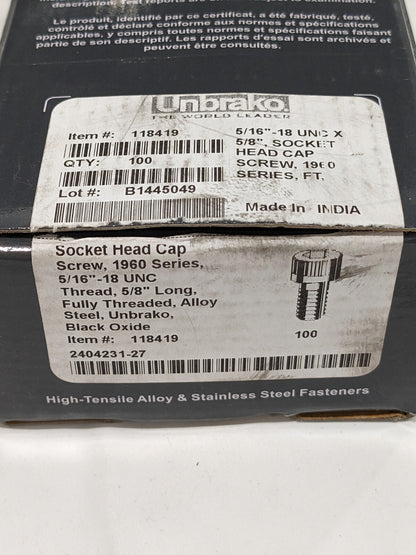 UNBRAKO Hex Socket Cap Screw: 5/16-18 Thread, 5/8" Qty 100 118419