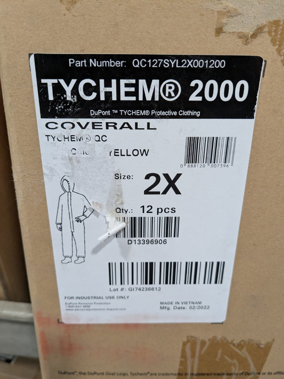DUPONT Disposable Coveralls 12pk Splash&Chemical Size 2XL QC127SYL2XL001200