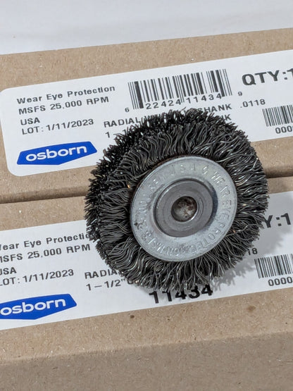 Osborn Wheel Brush: 1-1/2" Dia, 3/8" Face, 0.0118" Wire Dia Qty 2 11434