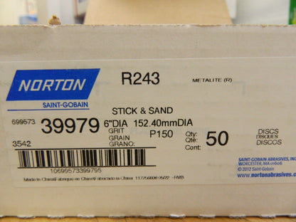 Norton R243 AO p150 Medium Grit 6" Cloth PSA Disc qty 50 39979