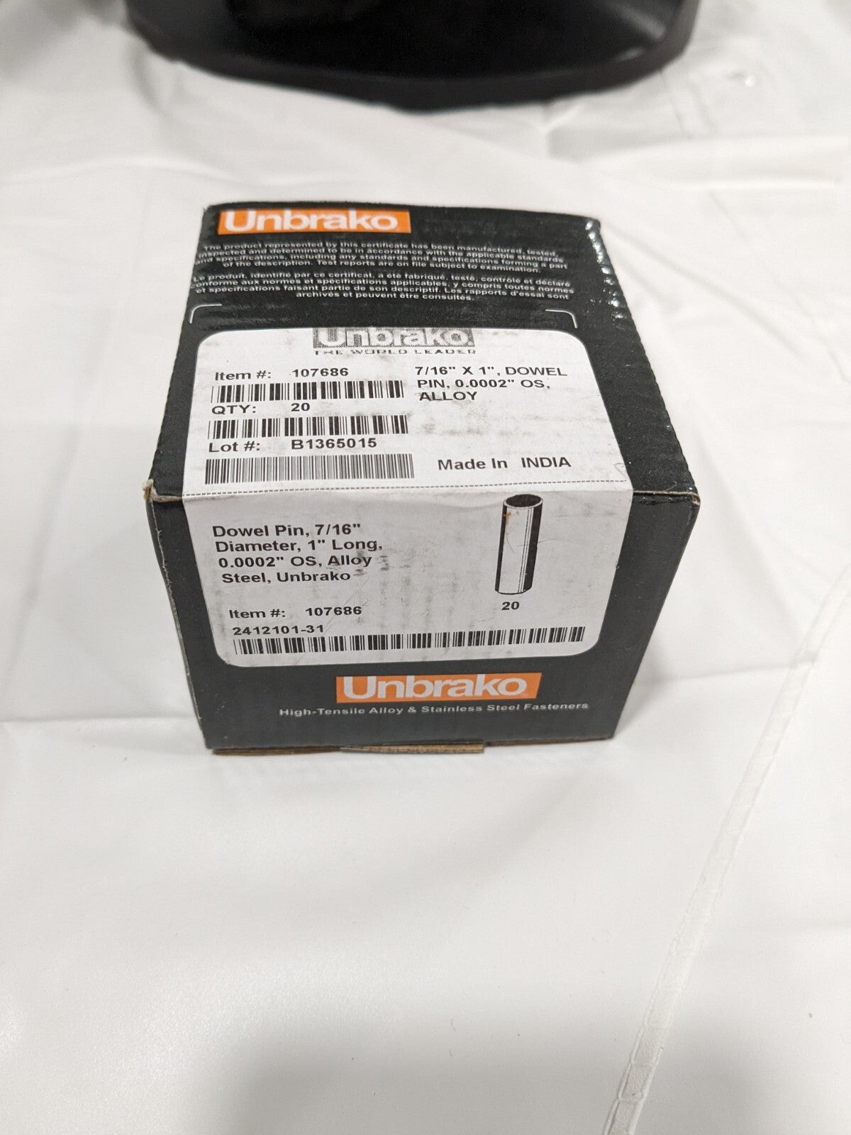 Unbrako Dowel Pin: 7/16" Dia, 1" OAL, Alloy Steel, Grade 8 Qty 20 107686