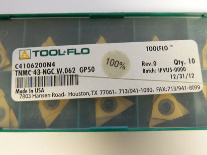Tool-Flo TNMC43NGC W.062 GP50 Carbide Grooving Insert QTY 10 C4106200N4C