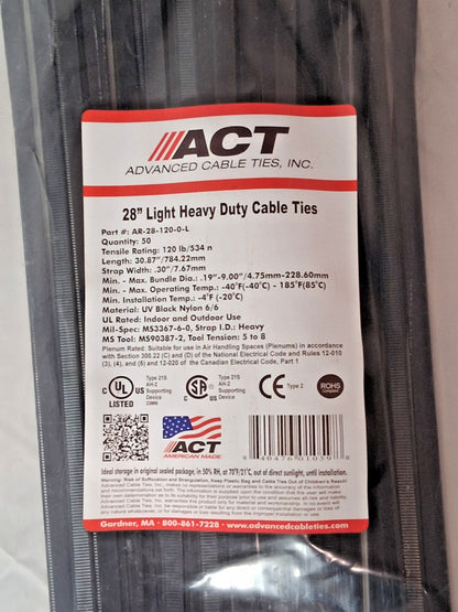Standard Nylon Cable Ties 28" Long Black QTY50 AL-28-120-0 -L
