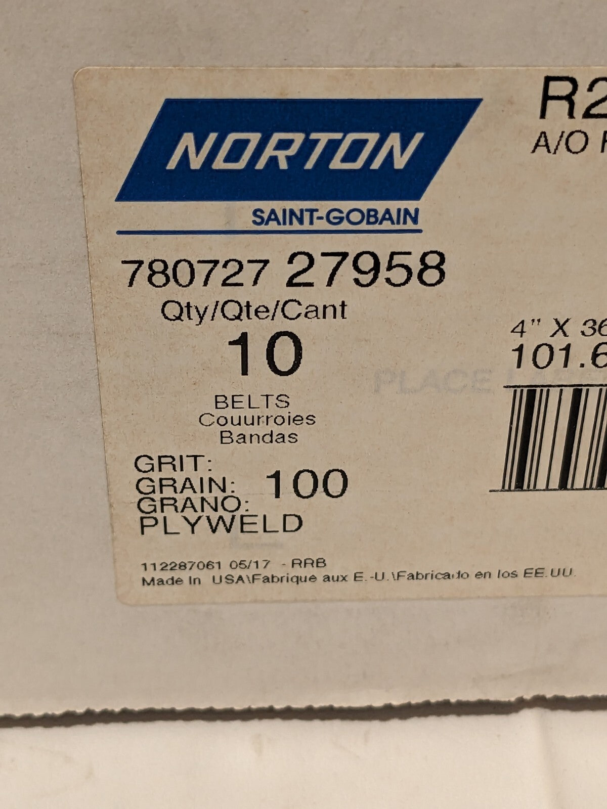 NORTON Abrasive Belt: 4" Wide, 36" OAL, 100 Grit, AO Qty 10 78072727958