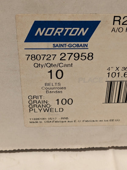 NORTON Abrasive Belt: 4" Wide, 36" OAL, 100 Grit, AO Qty 10 78072727958