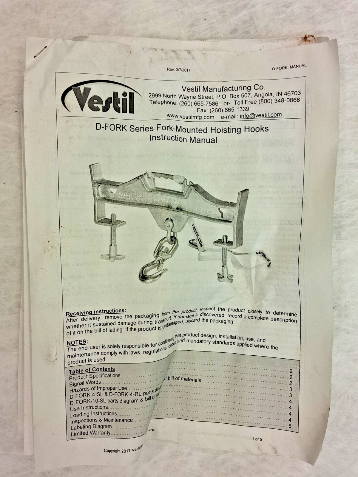 Vestil Forklift Lifting Beam 10000lb Capacity D-FORK-10-SL