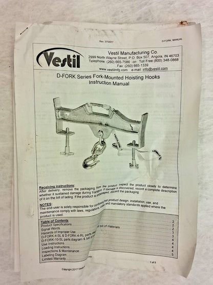 Vestil Forklift Lifting Beam 10000lb Capacity D-FORK-10-SL
