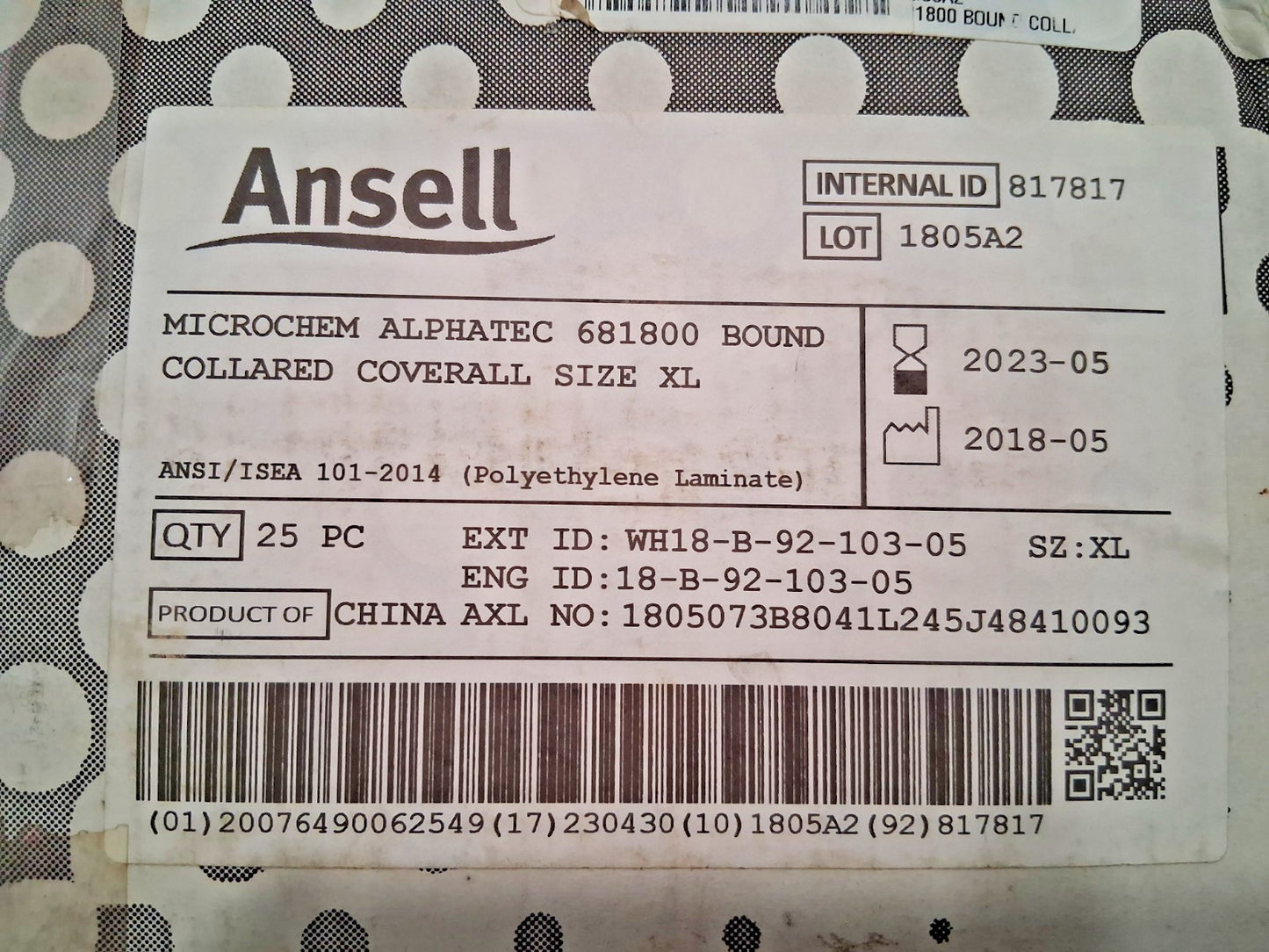 Ansell Chemical Rain Resistant Non-Disposable Coveralls Size XL WH18-B-92-103-05