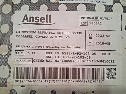 Ansell Chemical Rain Resistant Non-Disposable Coveralls Size XL WH18-B-92-103-05
