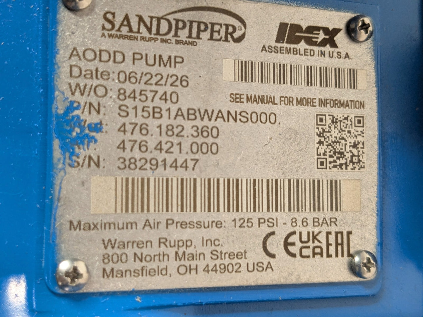 Sandpiper Air Powered Double Diaphragm Pump 1-1/2" NPT S15B1ABWANS000