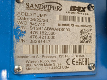 Sandpiper Air Powered Double Diaphragm Pump 1-1/2" NPT S15B1ABWANS000