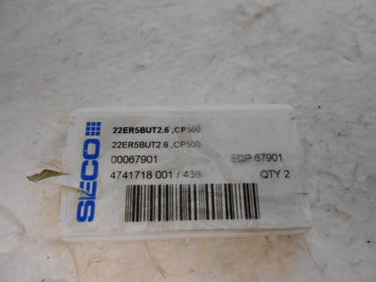 Seco 22er5but2.6 Cp500 67901 Carbide Threading Inserts, Qty. 2