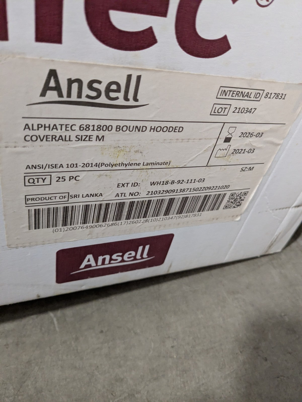 Ansell Rain & Chemical-Resistant Coveralls: SZ M Qty 25 WH18-B-92-111-03