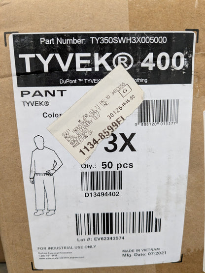 Dupont Tyvek General Purpose Work Pants 50 Qty Size 3XL TY350SWH3X005000