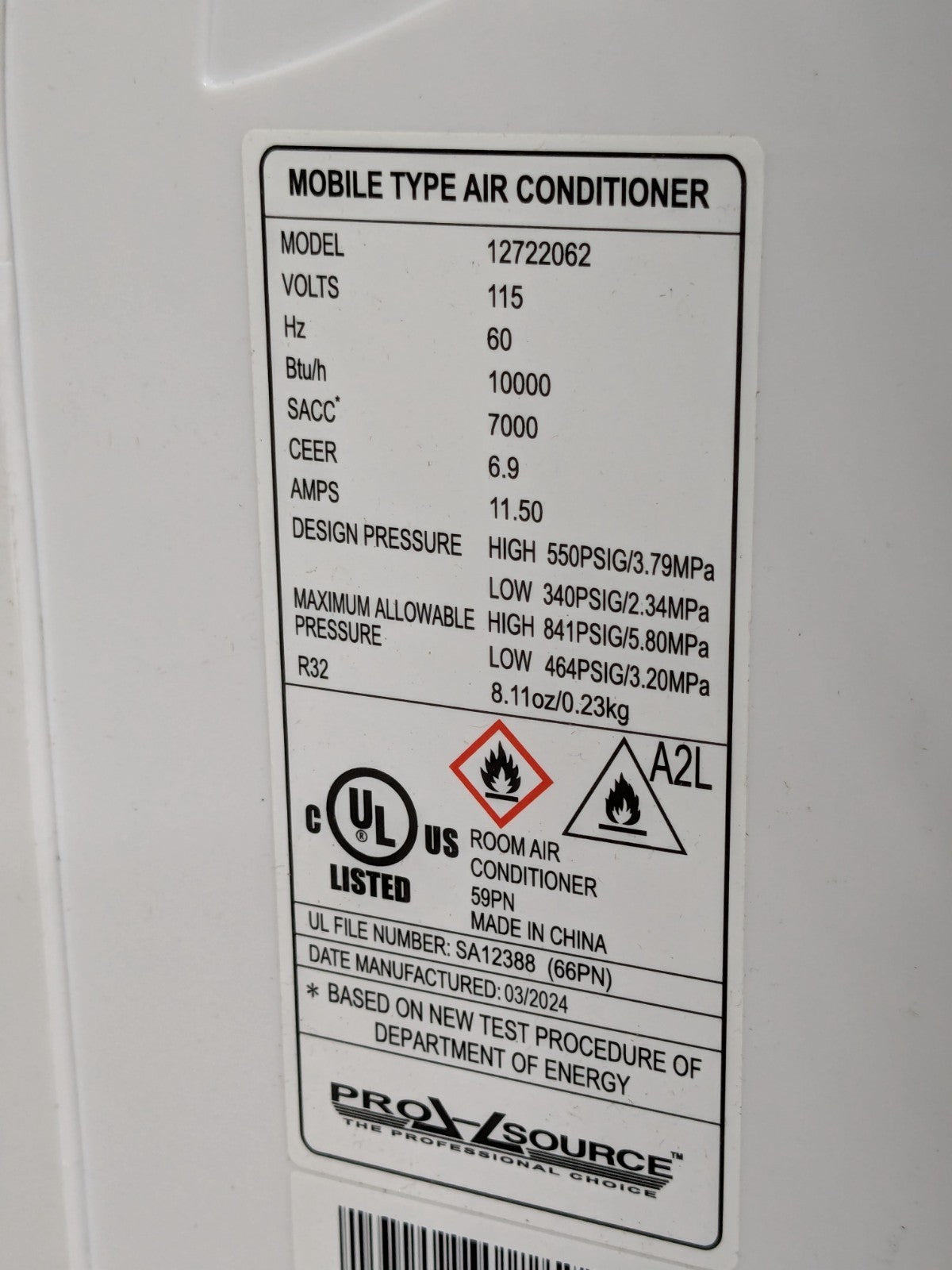 Pro Source Portable Air Conditioner Unit 10000 BTU 115v 11.5 Amp