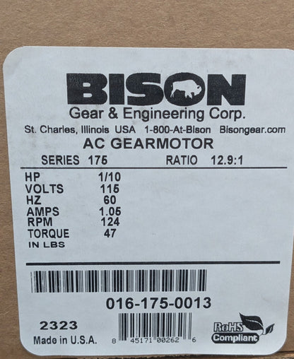 Bison Gear Parallel Gear Motor 47 in/lb Max 115V 60 Hz 016-175-0013