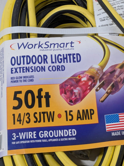 WorkSmart 50' Yellow/Black Outdoor Extension Cord 14/3 Gauge/Conductor 7305