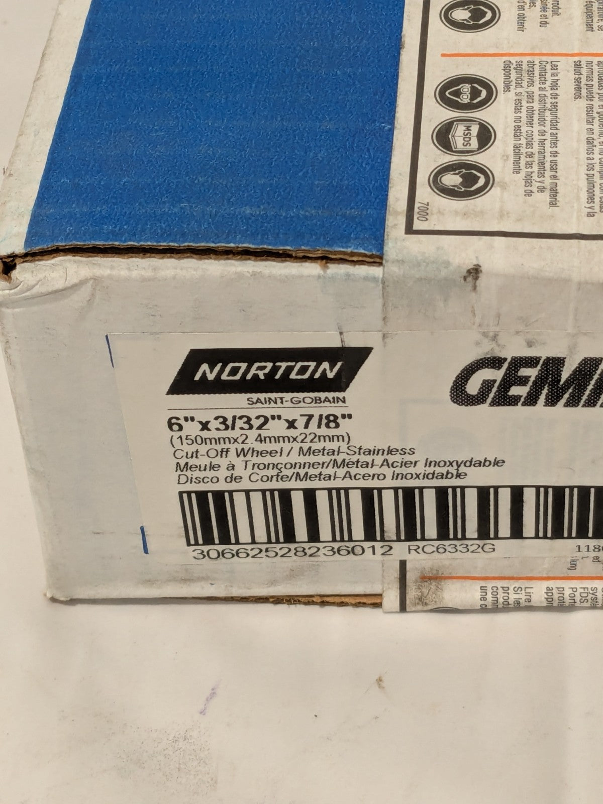 (25) Norton Cutoff Wheel: Type 1 , 6" Dia, 3/32" Thick, 7/8" Hole 66252823601