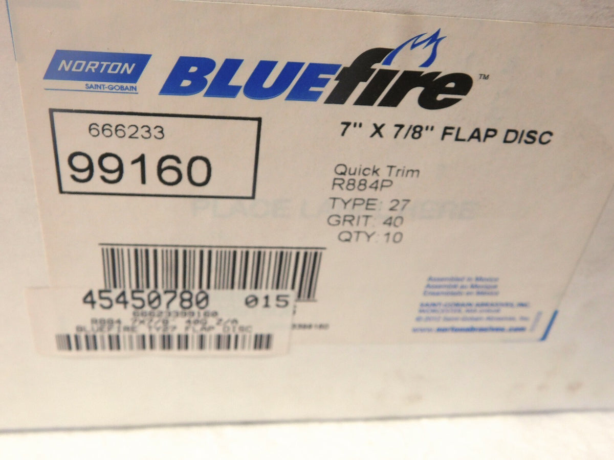 Norton Bluefire Zircona Alumina Flap Disc 7Dia 7/8 Hole 40 Grit Qty-10 99160