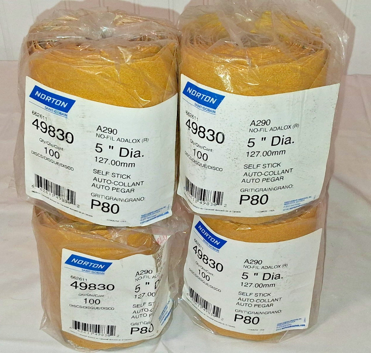 Norton A290 Paper PSA Disc Rolls 5" Dia P80 No-Fil Adalox Qty 400 66261149830