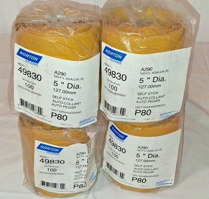 Norton A290 Paper PSA Disc Rolls 5" Dia P80 No-Fil Adalox Qty 400 66261149830
