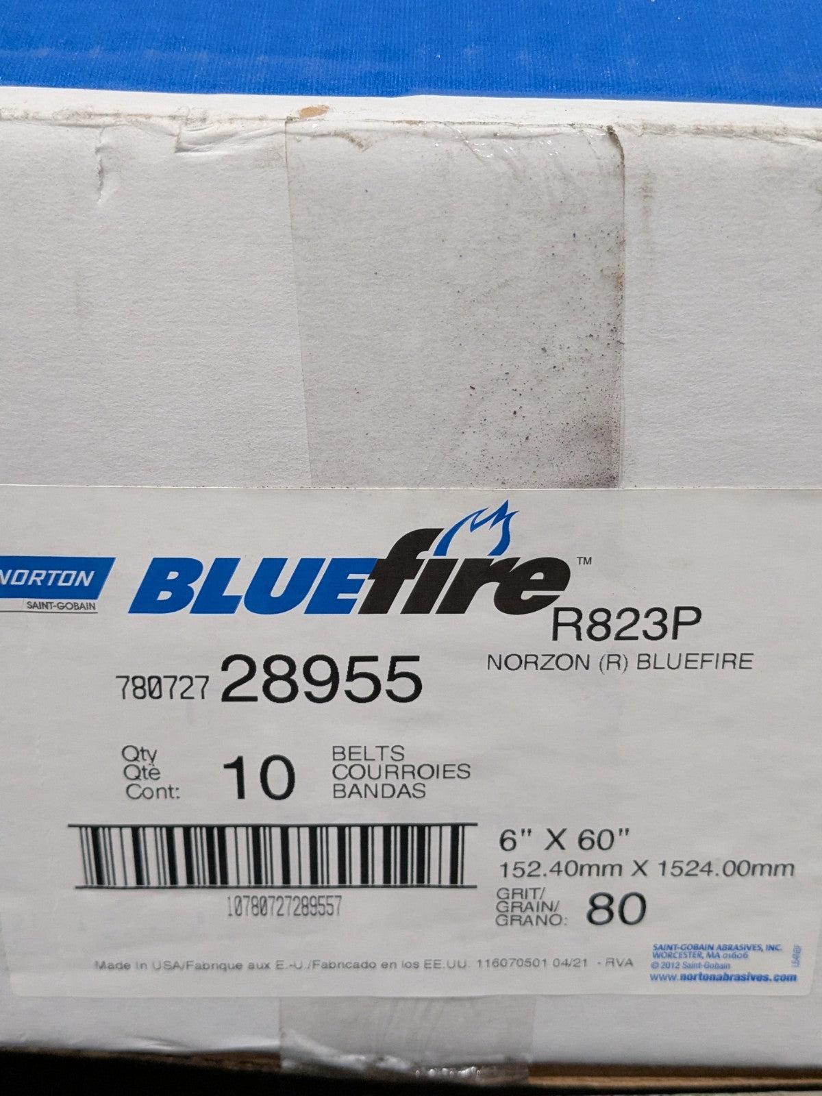 Norton Abrasive Belt: 6" Wide, 60" OAL, 80G, Zirconia Alumina Qty 10 78072728955