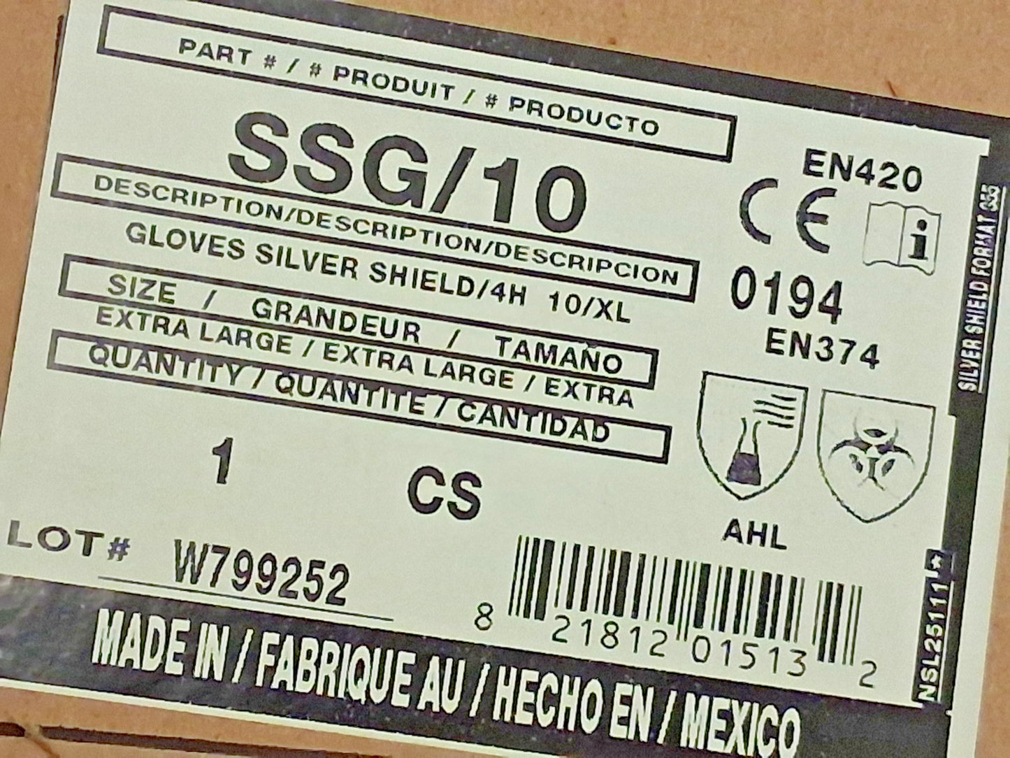 North Chemical Resistant Gloves Silver Sheild Size XL 2.7MIL SSG/10