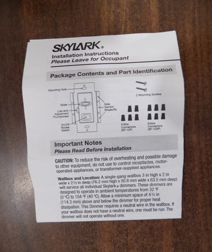 Lutron SF-103P-IV Skylark 3-way Preset Dimmer with on/off Switch 8A -120V Ivory