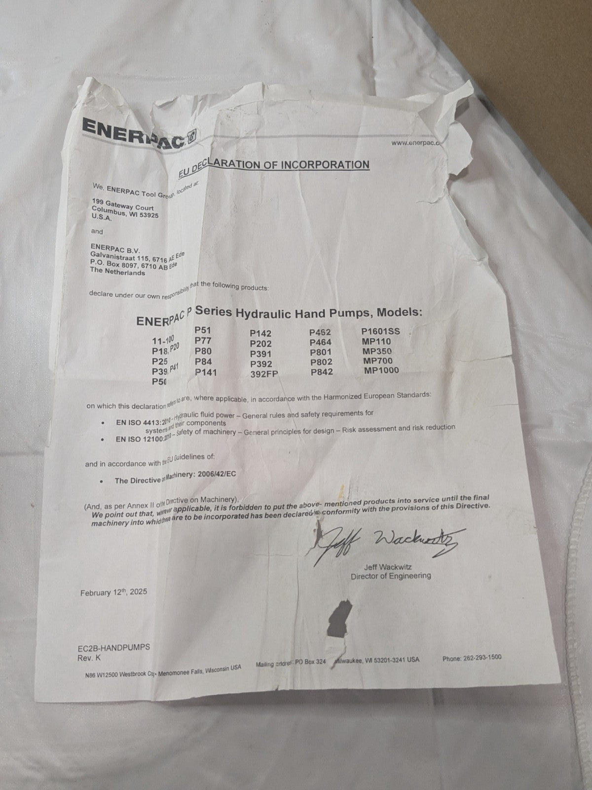 Enerpac 50 Ton Hydraulic Cylinder & Hand Pump Set 2.38 in Stroke SCL502H