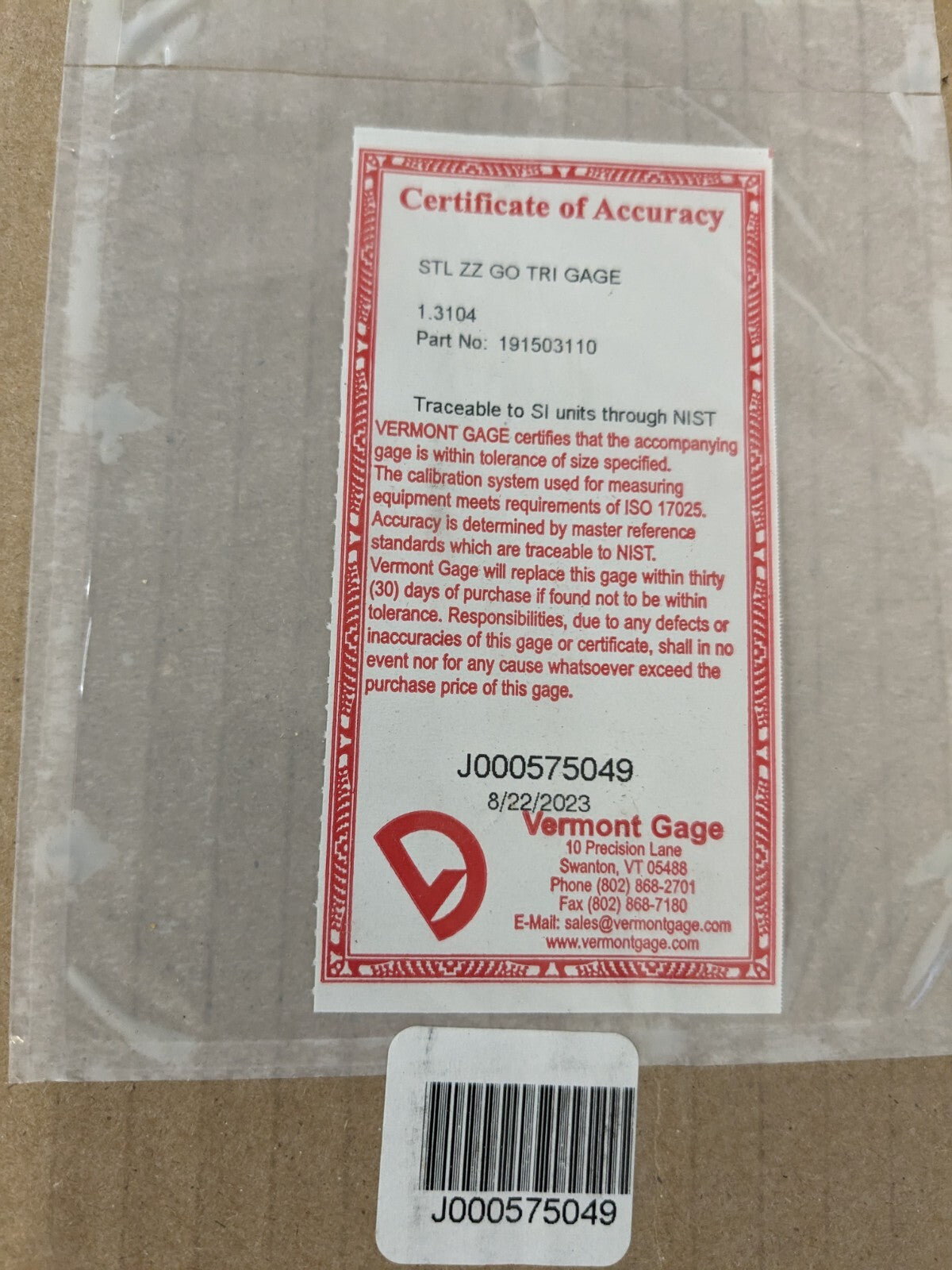 VERMONT GAGE Class ZZ Plus Plug Gage: 1.3104" Dia 1.3104 PLUS
