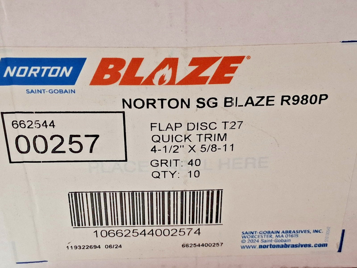 Norton Flap Ceramic Alumina Discs QTY10 4-1/2" Dia 40 Grit Type 27 66254400