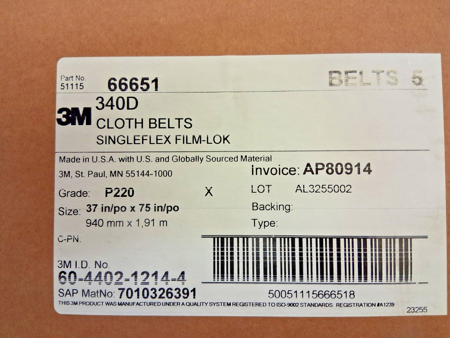 3M Aluminum Oxide Abrasive Belt 37" Wide 75" OAL 150 Grit 7010308460