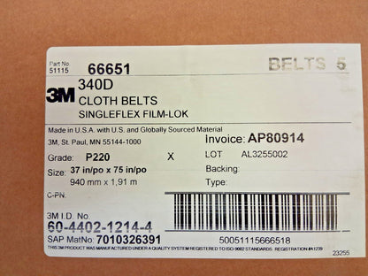 3M Aluminum Oxide Abrasive Belt 37" Wide 75" OAL 150 Grit 7010308460
