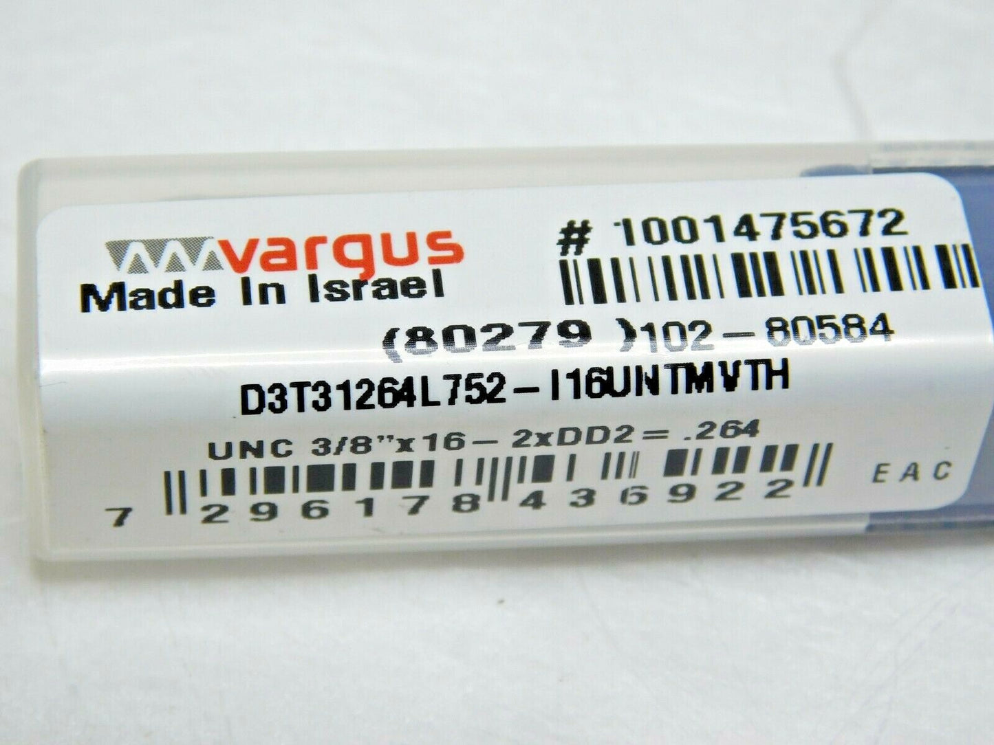 Vargus Carbide Helical Flute Thread Mill RH 3/8"-16 Internal 16 TPI 3FK 802