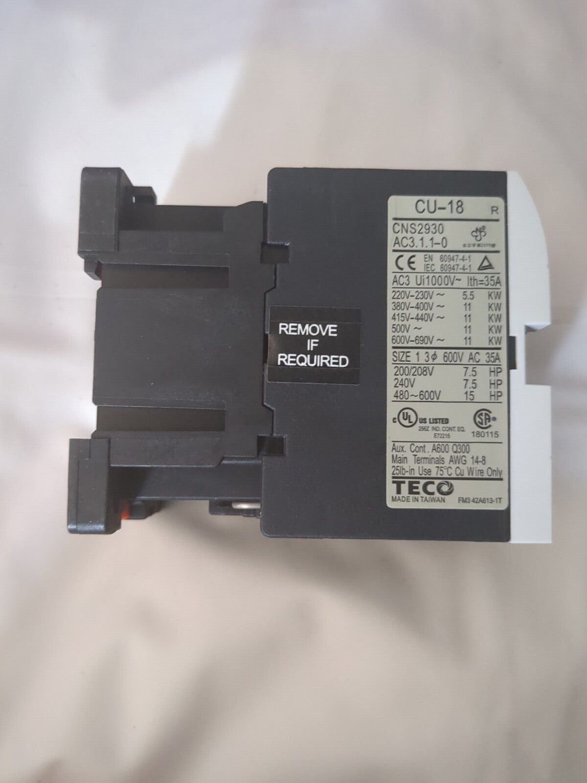 Teco Cu-18 Magnetic Contactor, 24Vac Coil Voltage, 3A1A1B Contacts, 7.5Hp Motor